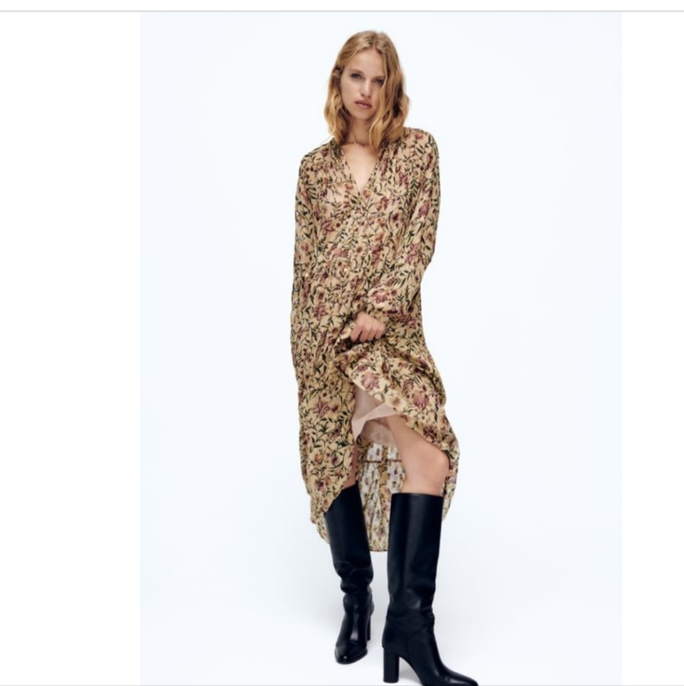 Zara Beige Printed Midi Dress NWT